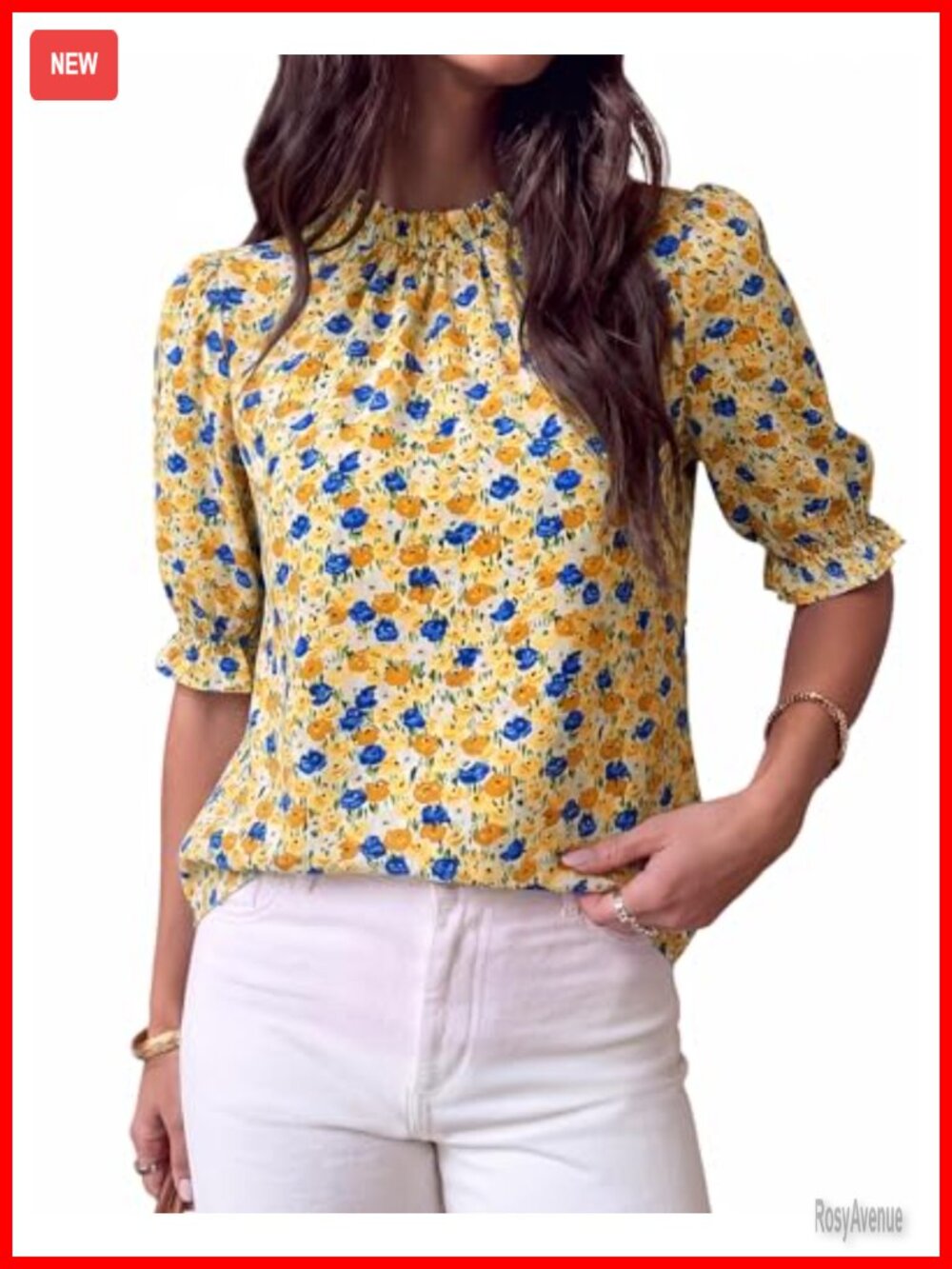 Women's Boho Floral Blouse Mock Neck Puff Sleeve Button Back